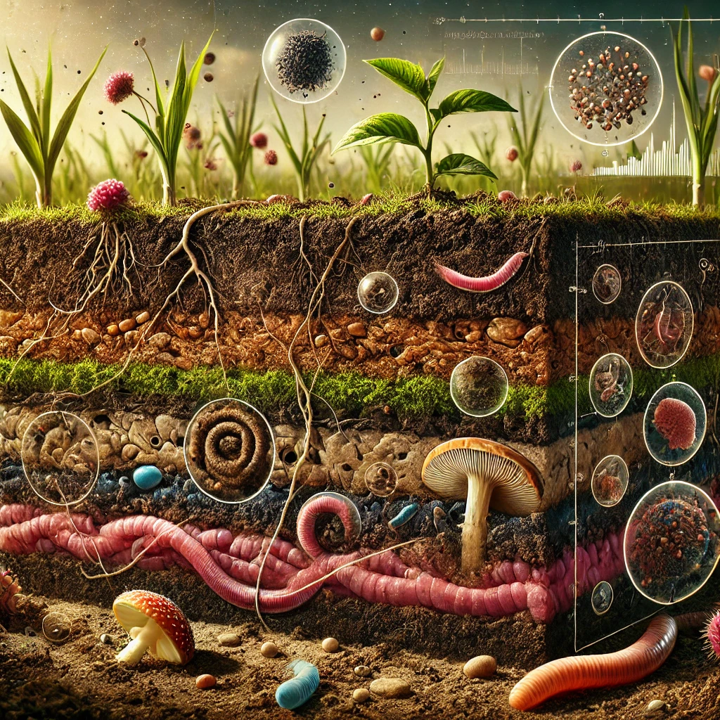 Layers of soil showing minerals, organic matter, water, and air essential for plant growth and soil health