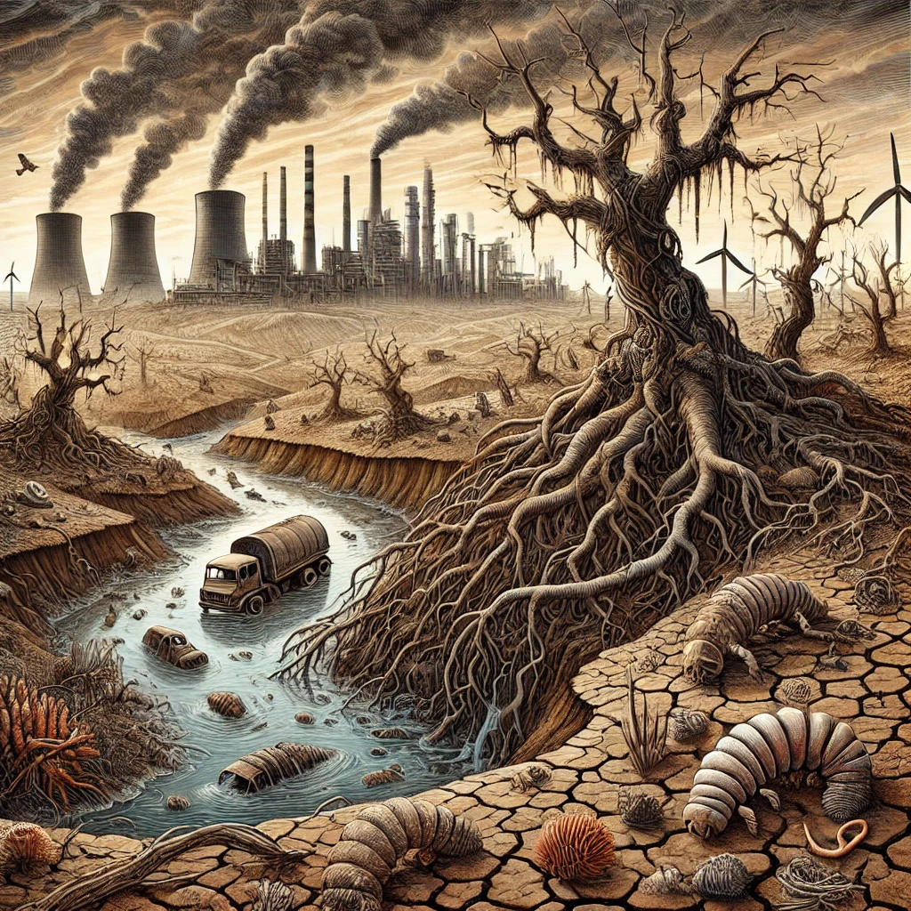Degraded soil with reduced microbial biodiversity due to overuse of fertilizers, monoculture farming, erosion, and deforestation